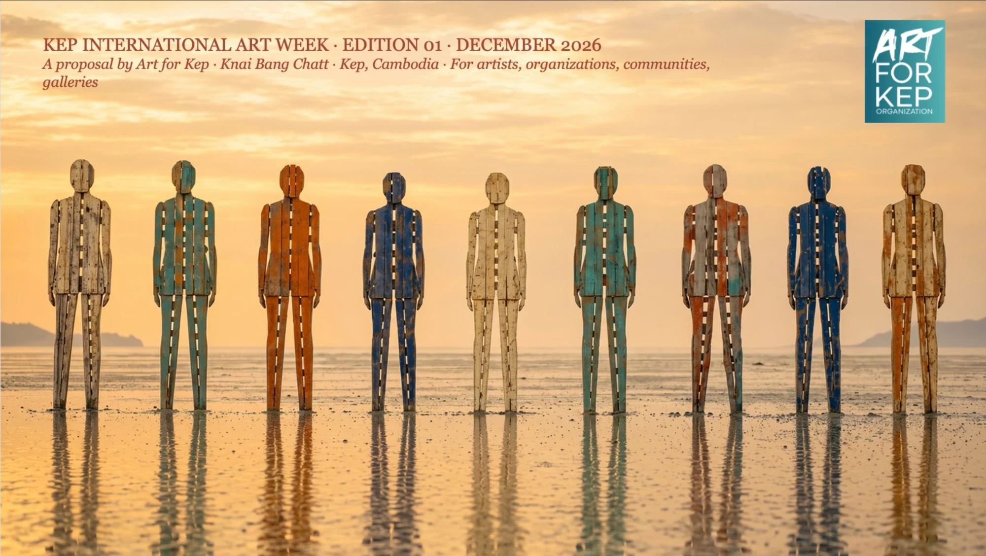 Kep International Art Week, Edition 01, December 2026: a row of painted wooden figures standing on the tidal flats at sunset
