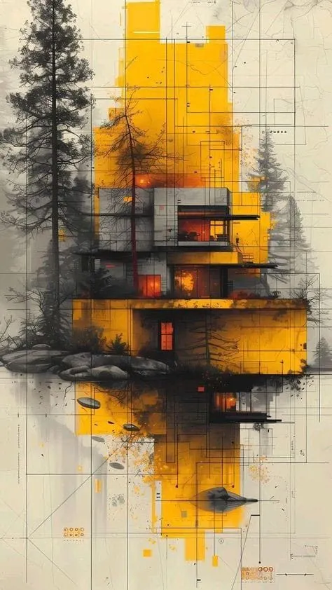Mixed-media architectural artwork in yellow and grey