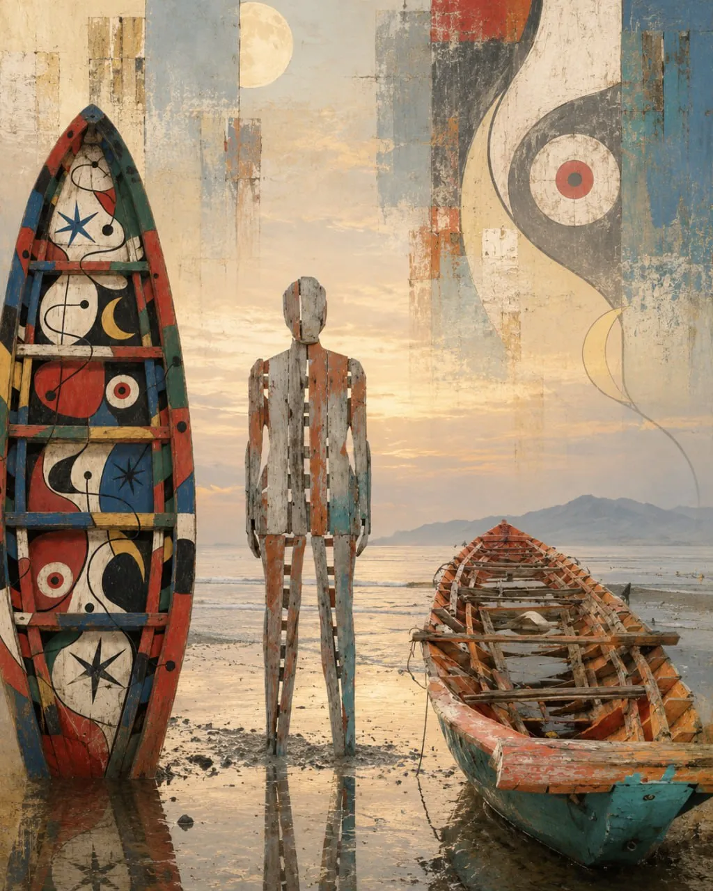 Painted boats and a figure on the shore — an artwork imagining the Ten Boats