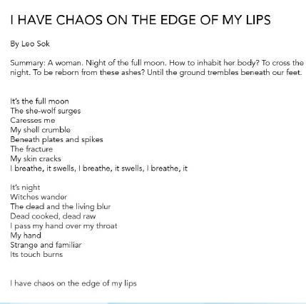 The poem “I Have Chaos on the Edge of My Lips”