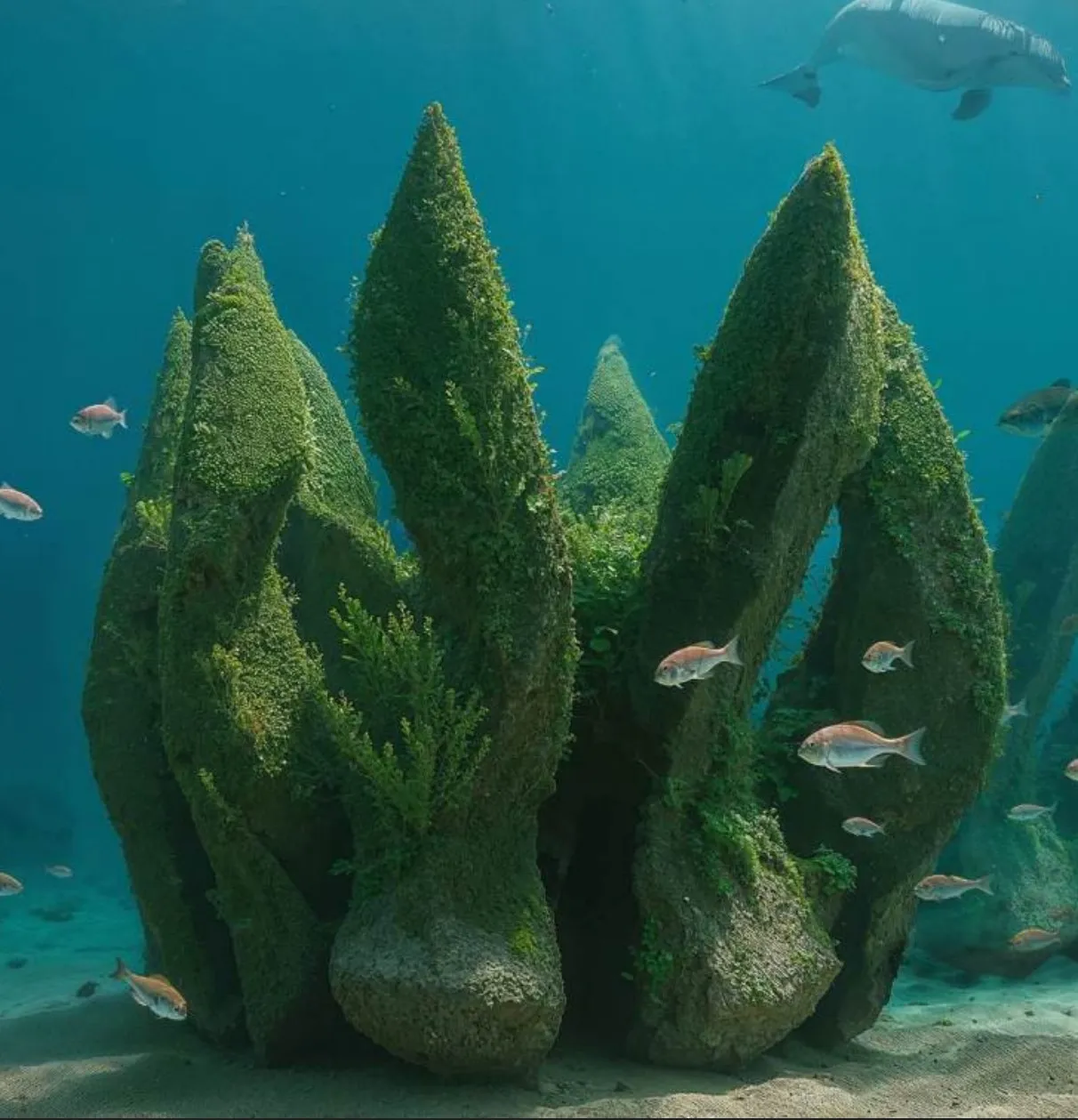 Underwater sculpture with fish and a dugong