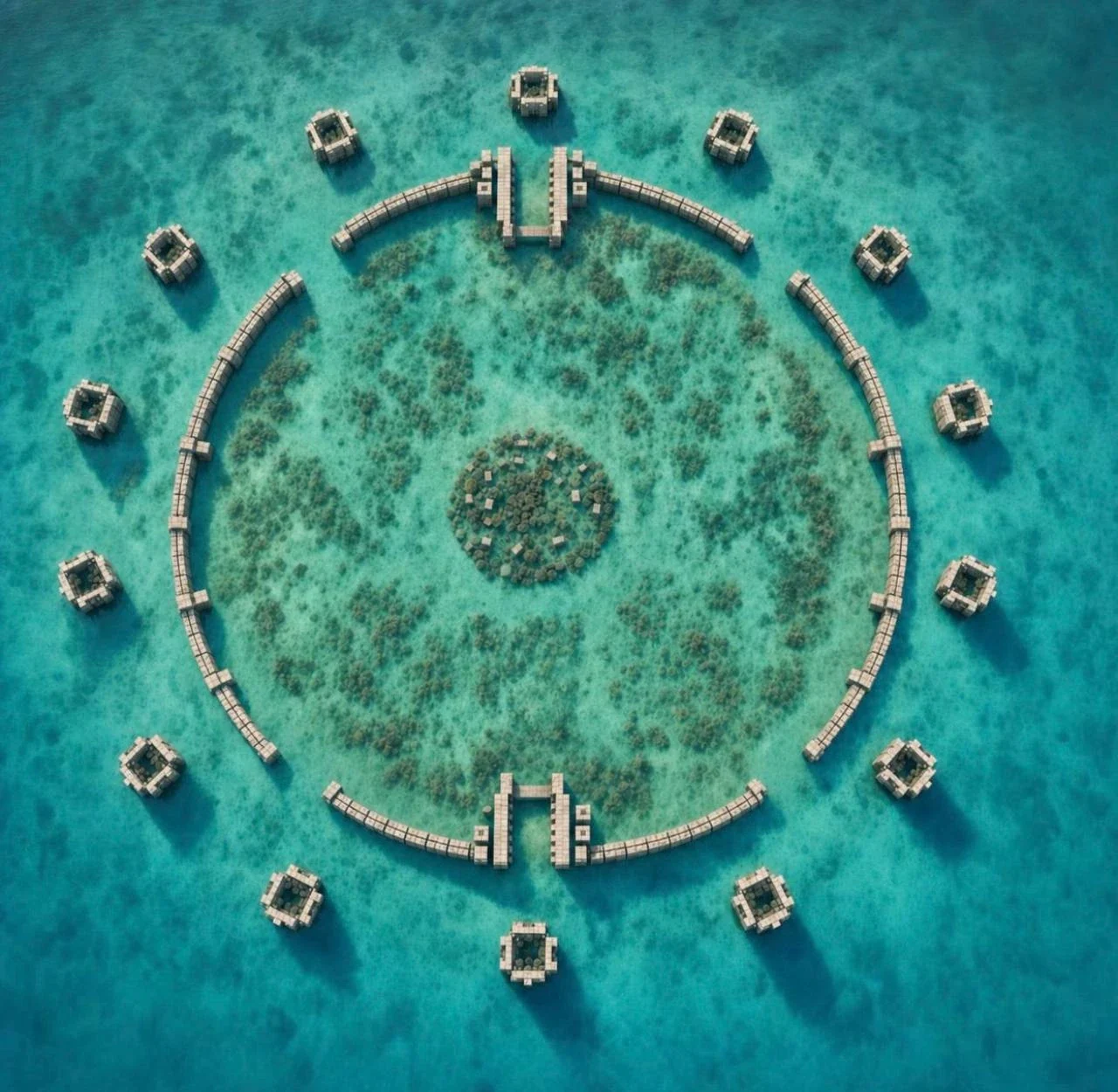 Aerial view of a circular reef layout of stone structures around a seagrass meadow in turquoise water