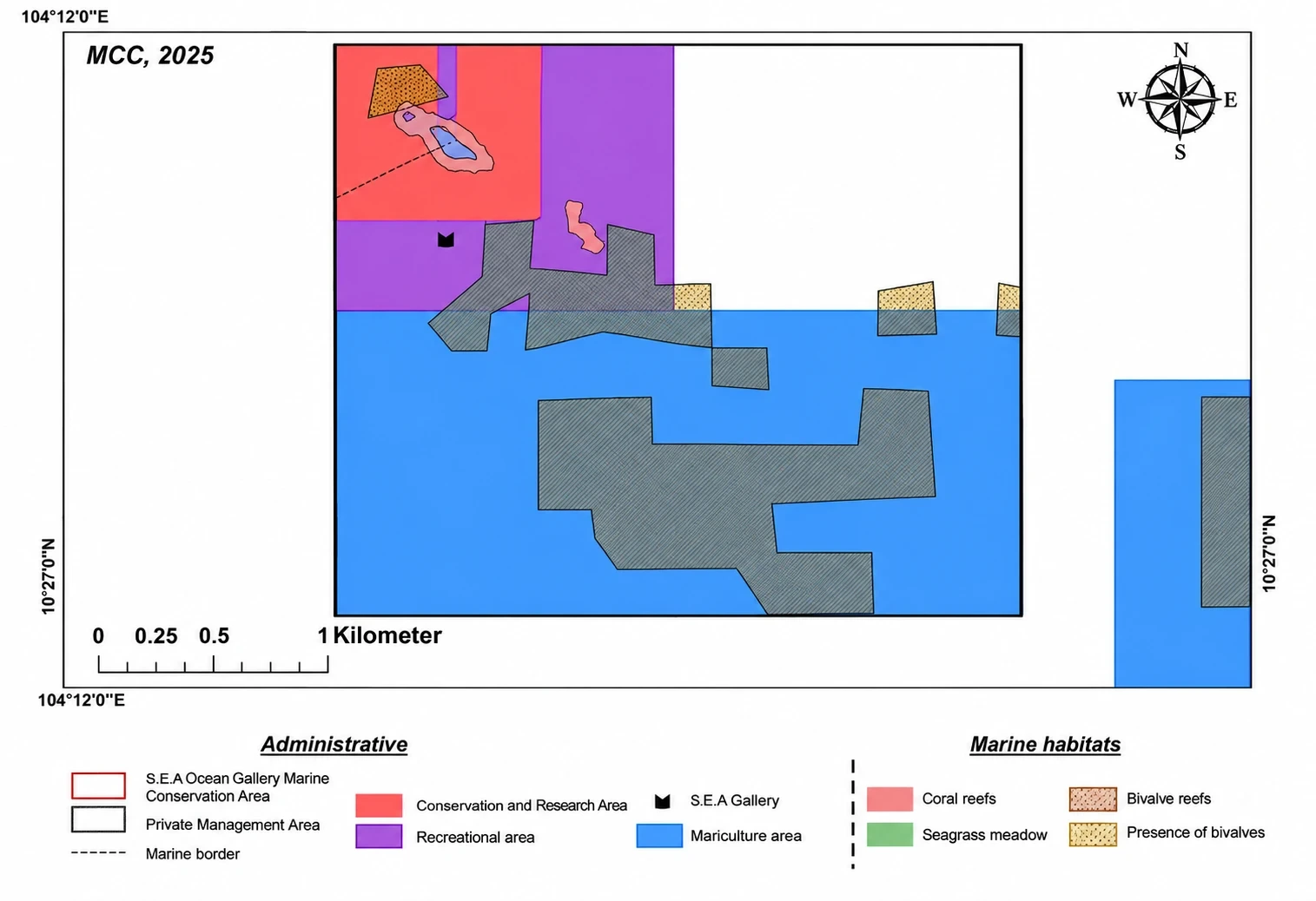 MCC 2025 map of the proposed S.E.A. Gallery site near Koh Karang, showing conservation and research, recreational and mariculture areas