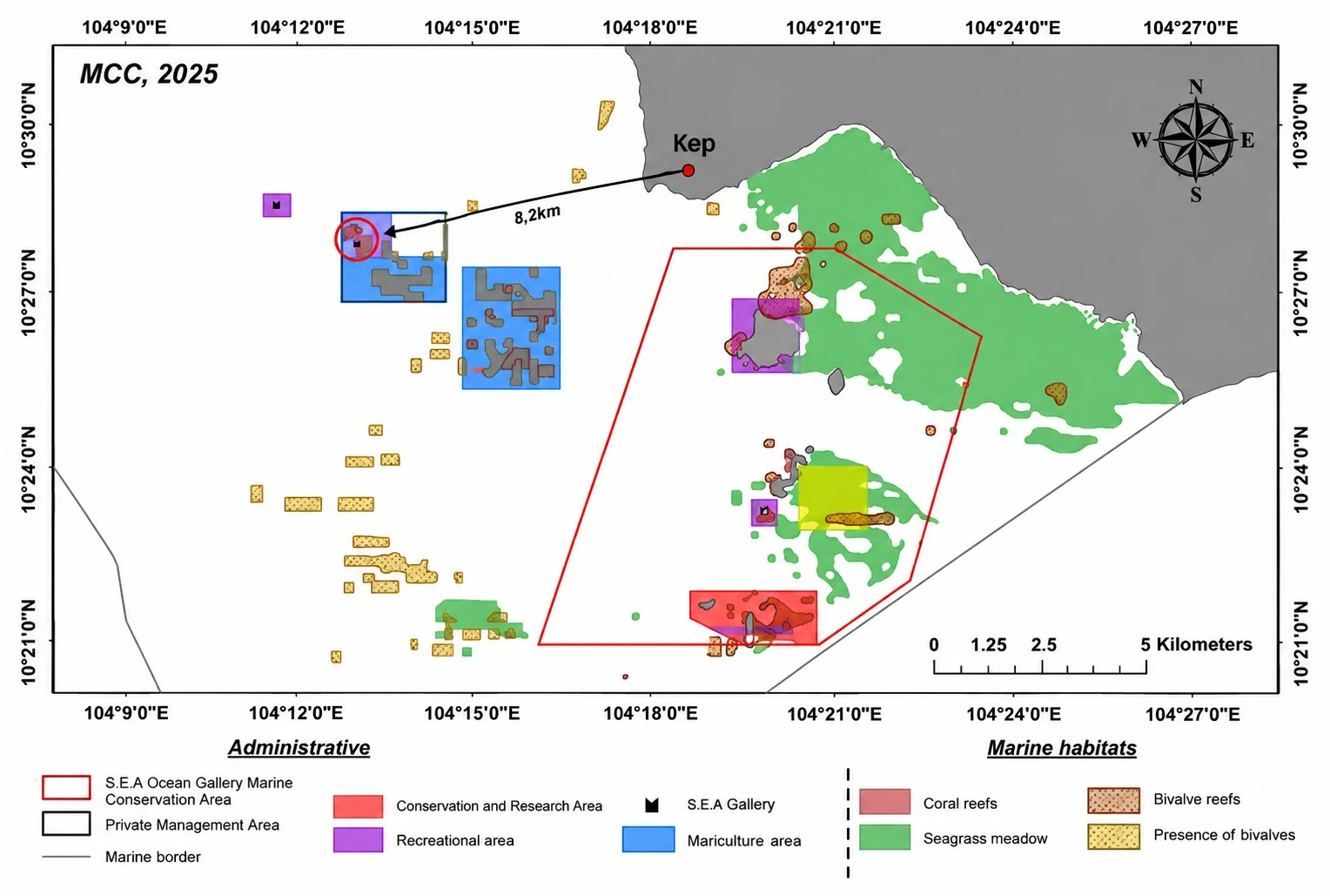 MCC 2025 map of the proposed S.E.A. Ocean Gallery Marine Conservation Area off Kep, with the gallery site 8.2 km from Kep