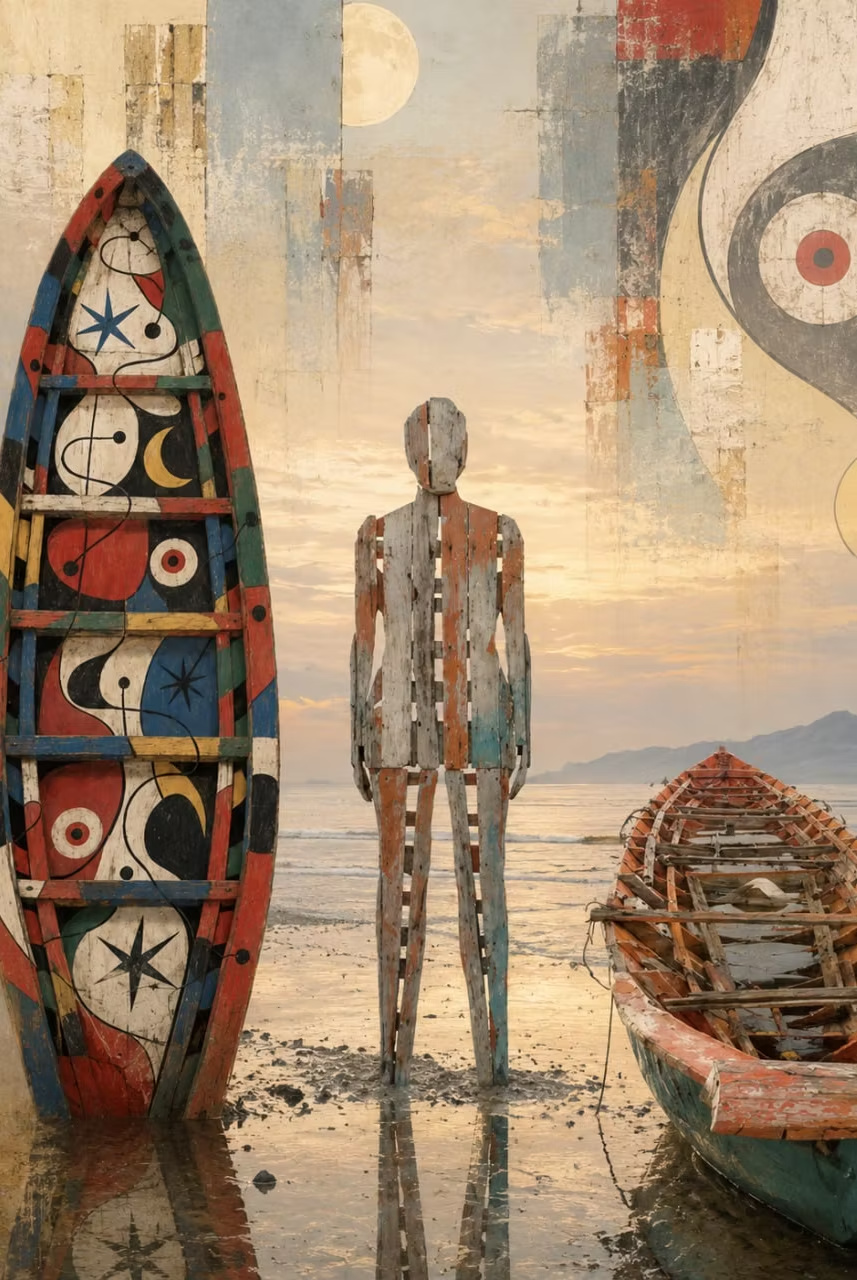 Painted fishing hull, wooden figure and a retired boat on the Kep shore